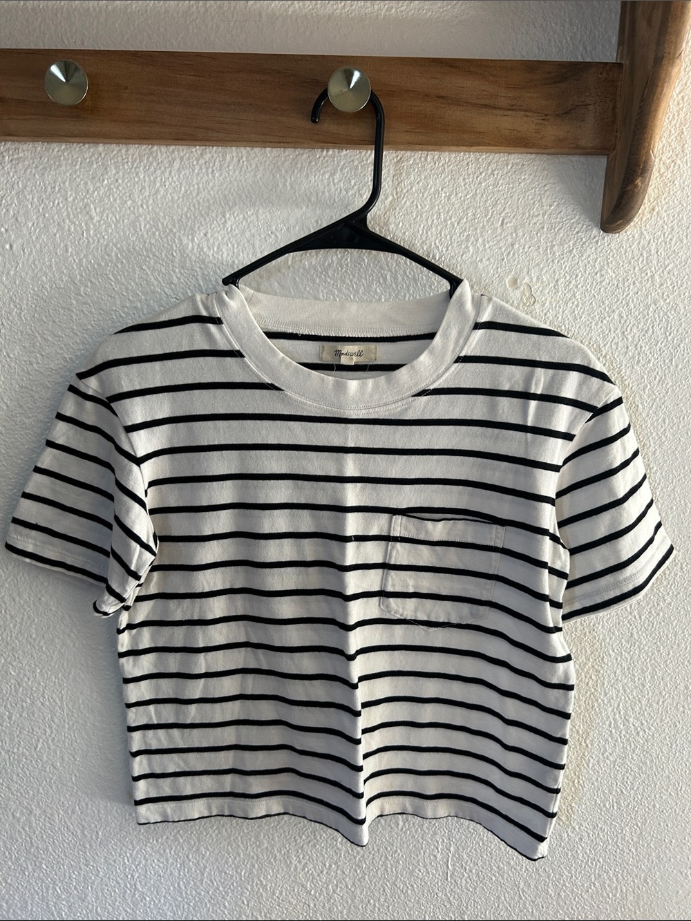 Madewell Cropped White Tee with Black Stripes